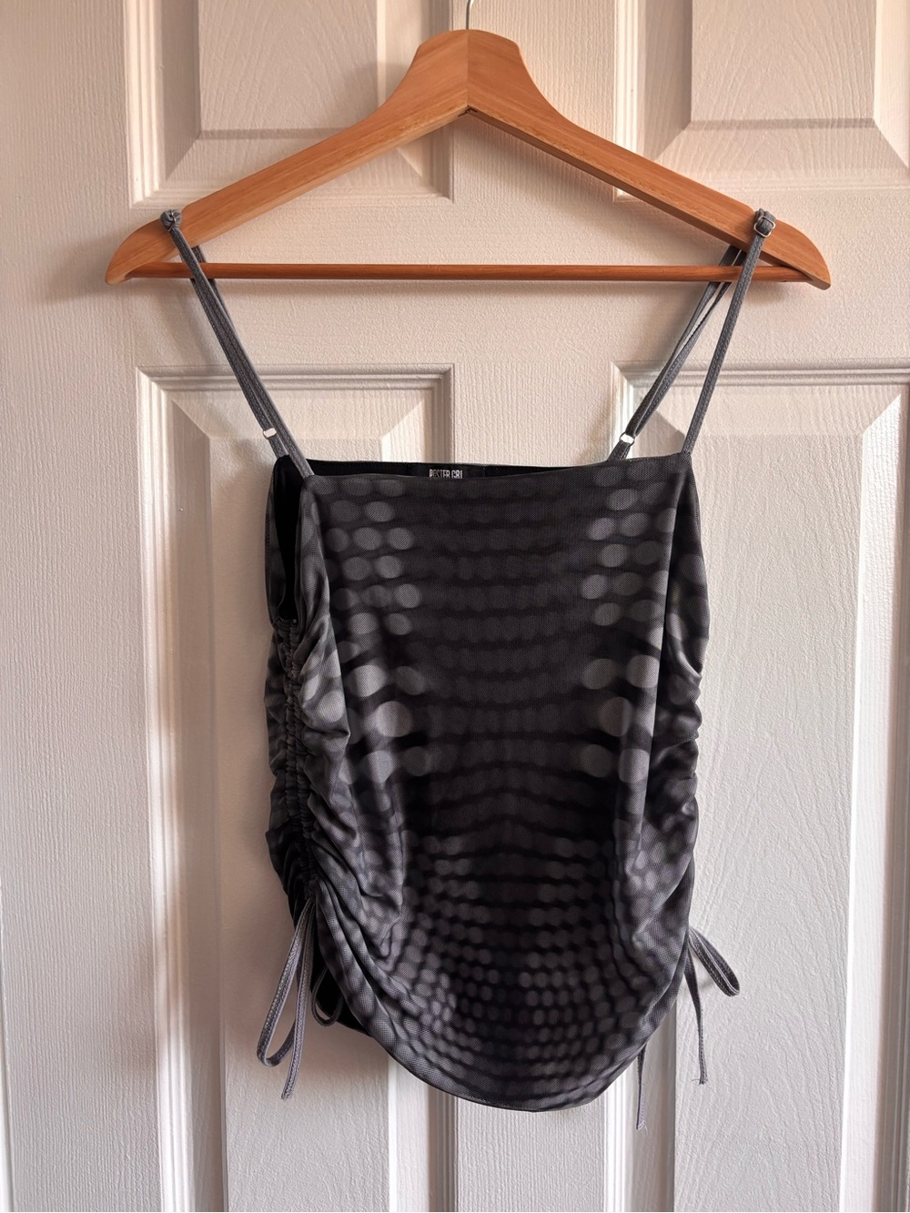 POSTER GIRL Black and Grey Mesh Slip Top Ruched Sides Y2K